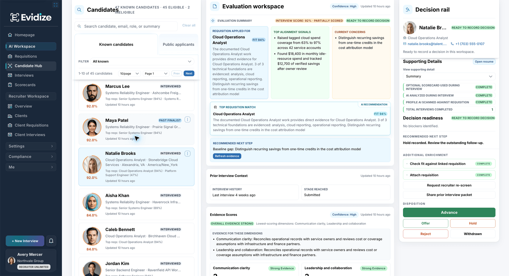 Candidate Hub: Review the candidate in the role’s context. Role alignment, supported strengths, current concerns, evidence freshness, and reviewer-owned next steps stay visible together.