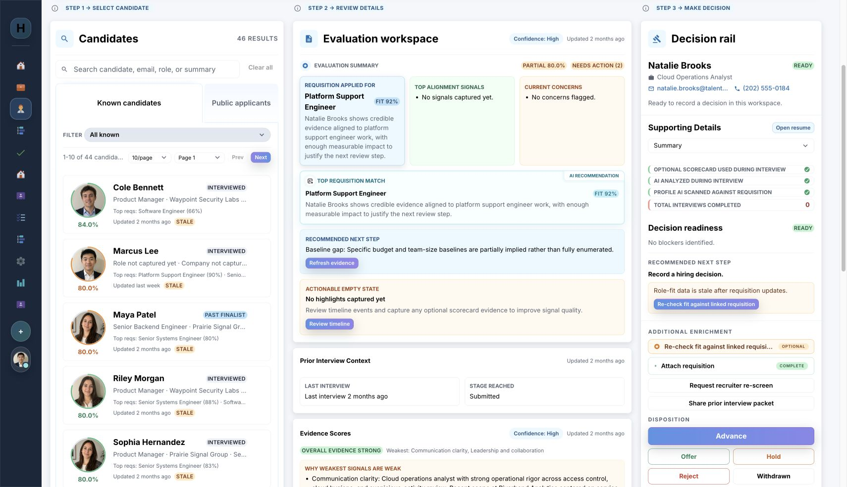Candidate Hub: Review the candidate in the role’s context. Role alignment, supported strengths, current concerns, evidence freshness, and reviewer-owned next steps stay visible together.