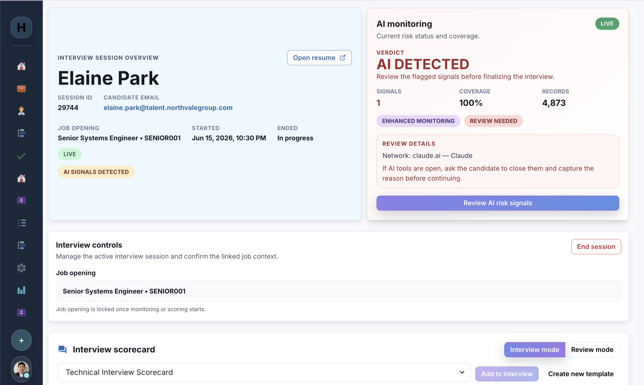 Live monitoring: Open the flagged signal. Select Review AI risk signals to inspect the finding and its recommended checks.