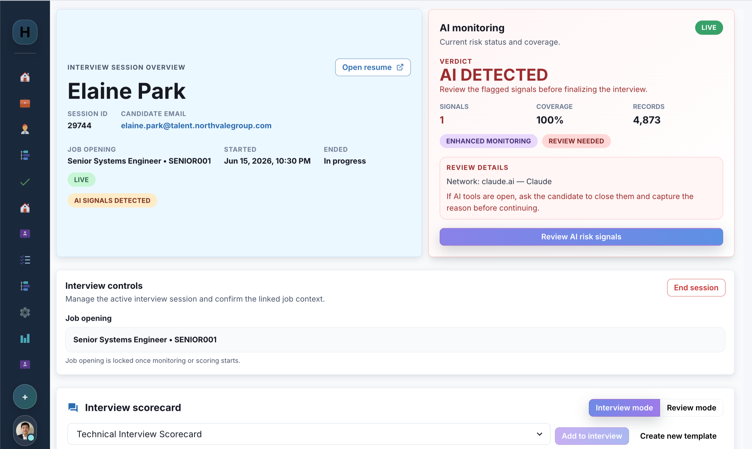 Three-phase live interview walkthrough showing monitoring context, a flagged AI-use signal, and the finding with recommended review checks.