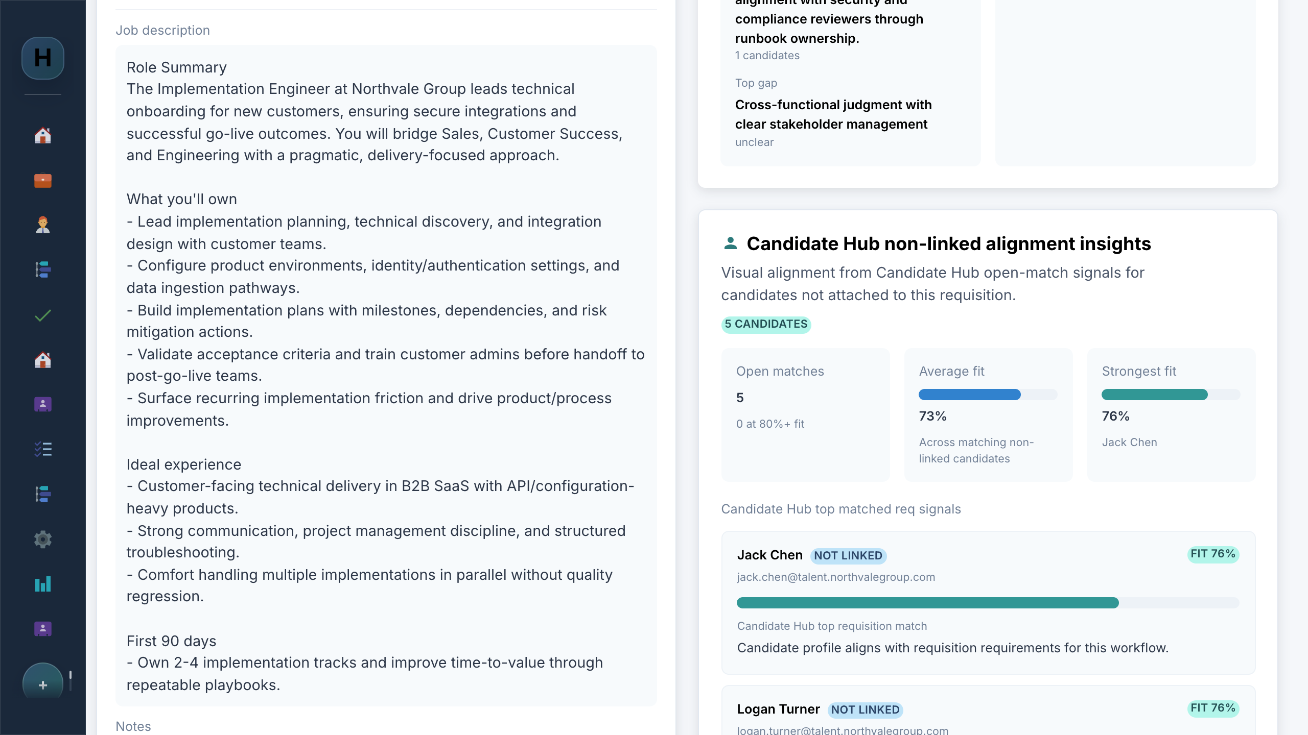 Fit ranking: Find relevant candidates already in Candidate Hub. Open-match signals surface people not yet linked to the requisition, with a fit score and the reasons behind it.