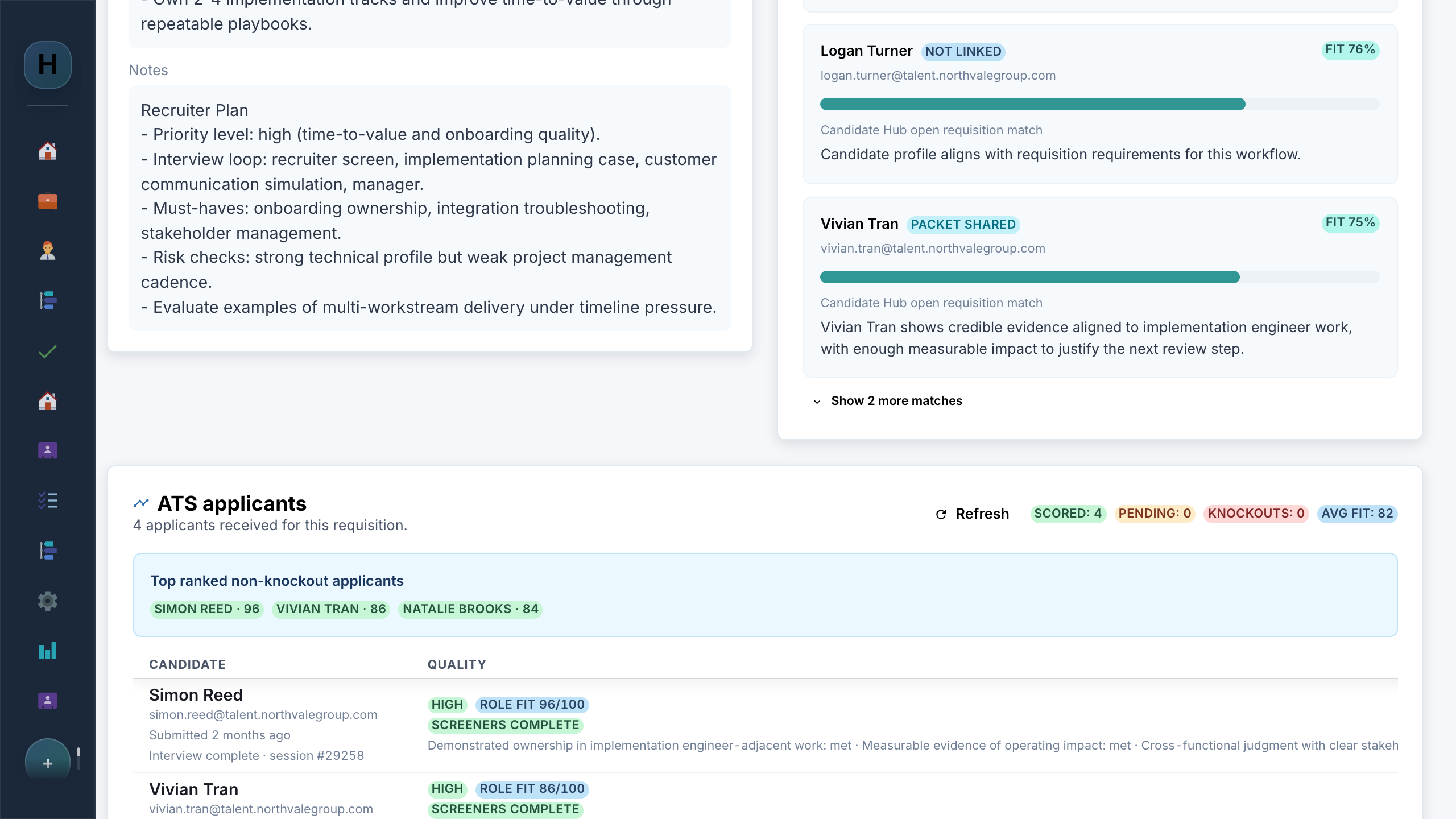 Fit ranking: Rank inbound applicants by role fit. Fit scores rank eligible applicants while knockout checks keep disqualified profiles out of the shortlist.